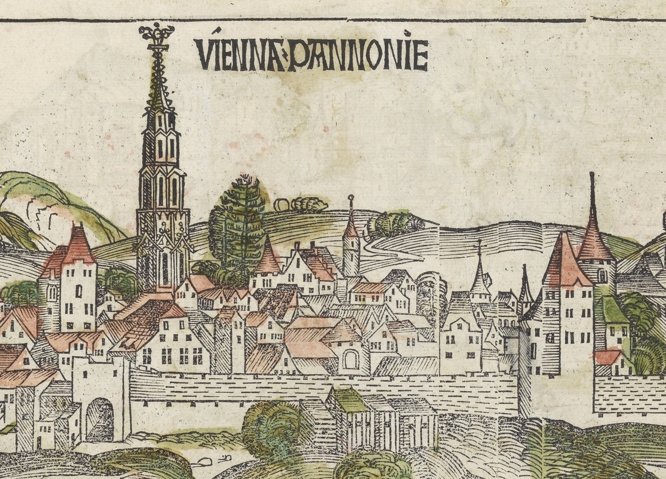 Ansicht Wiens von Norden aus dem Liber Chronicarum von Hartnabb Schedels. Datiert 1493.