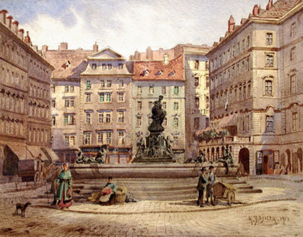 Zeichnung des Neuen Markts mit Blick auf den Donnerbrunnen von C.W. Zajicek. Datiert 1913.